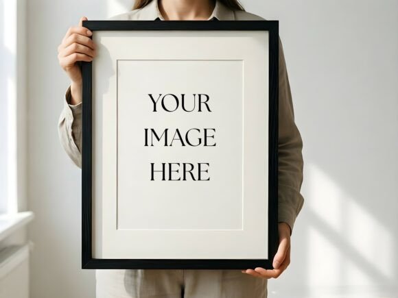 Download Black Frame Mockup - Woman Holding Art - Black frame Collection